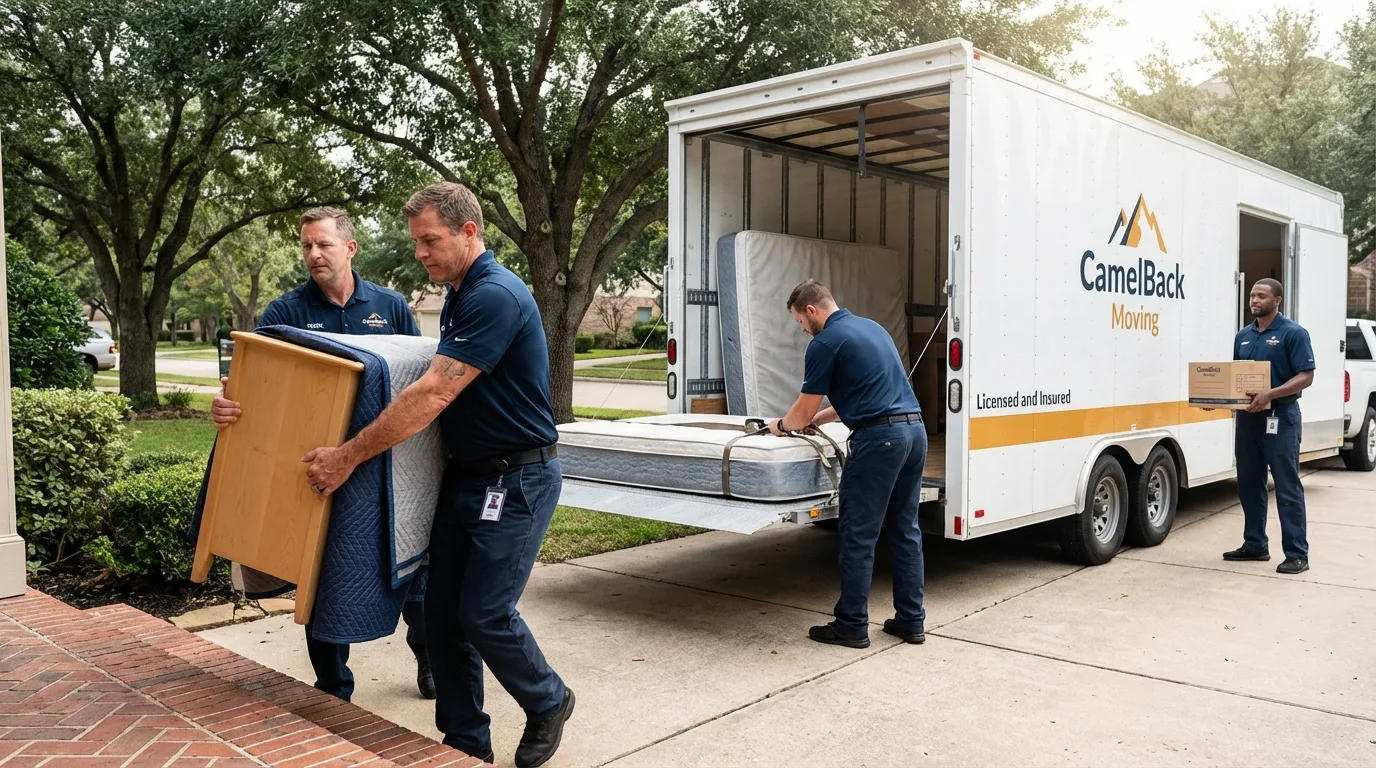 Crew loading residential truck for cross-state move from Dickinson, ND