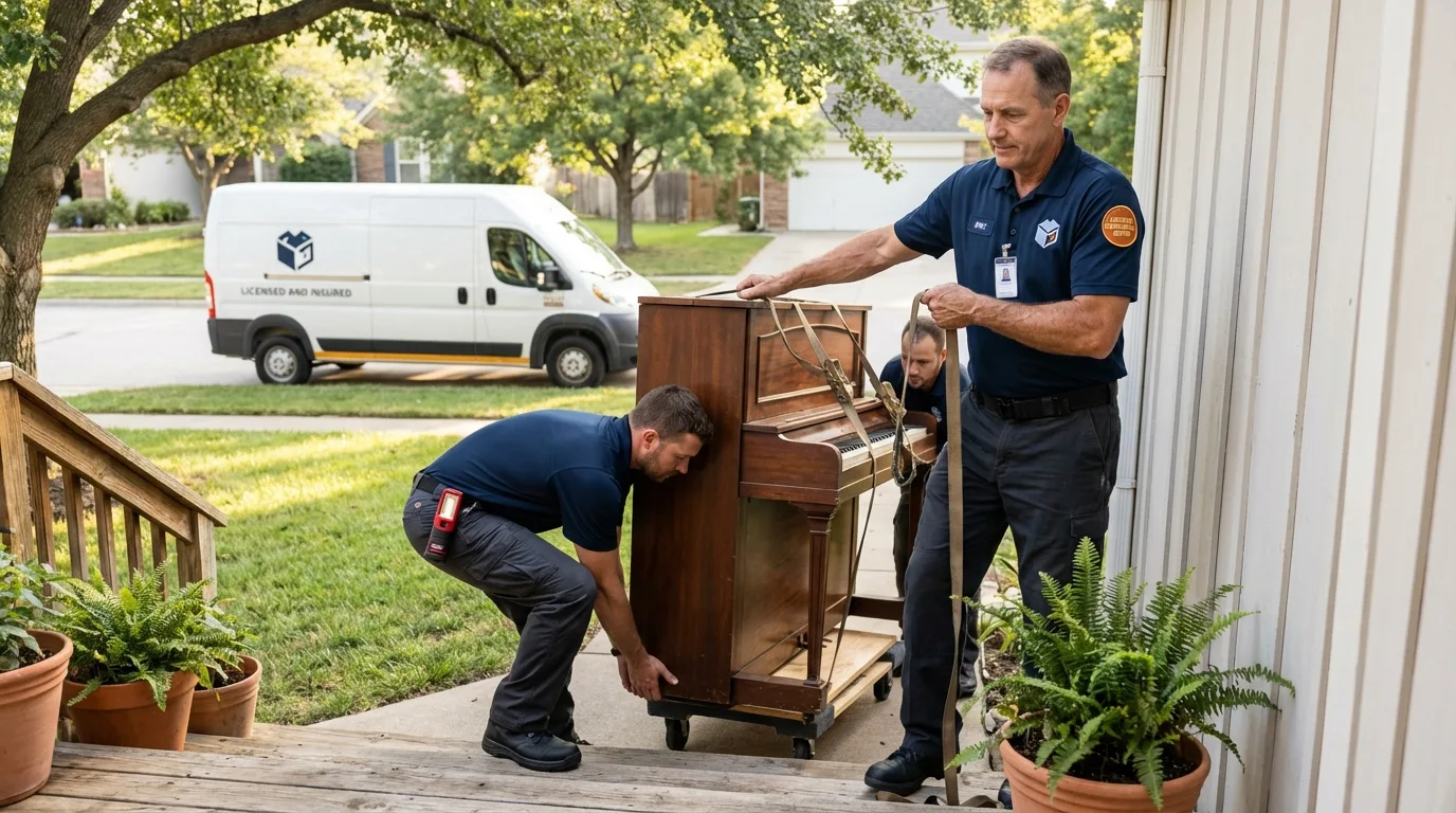 Licensed piano movers securing grand piano in Dickinson, ND