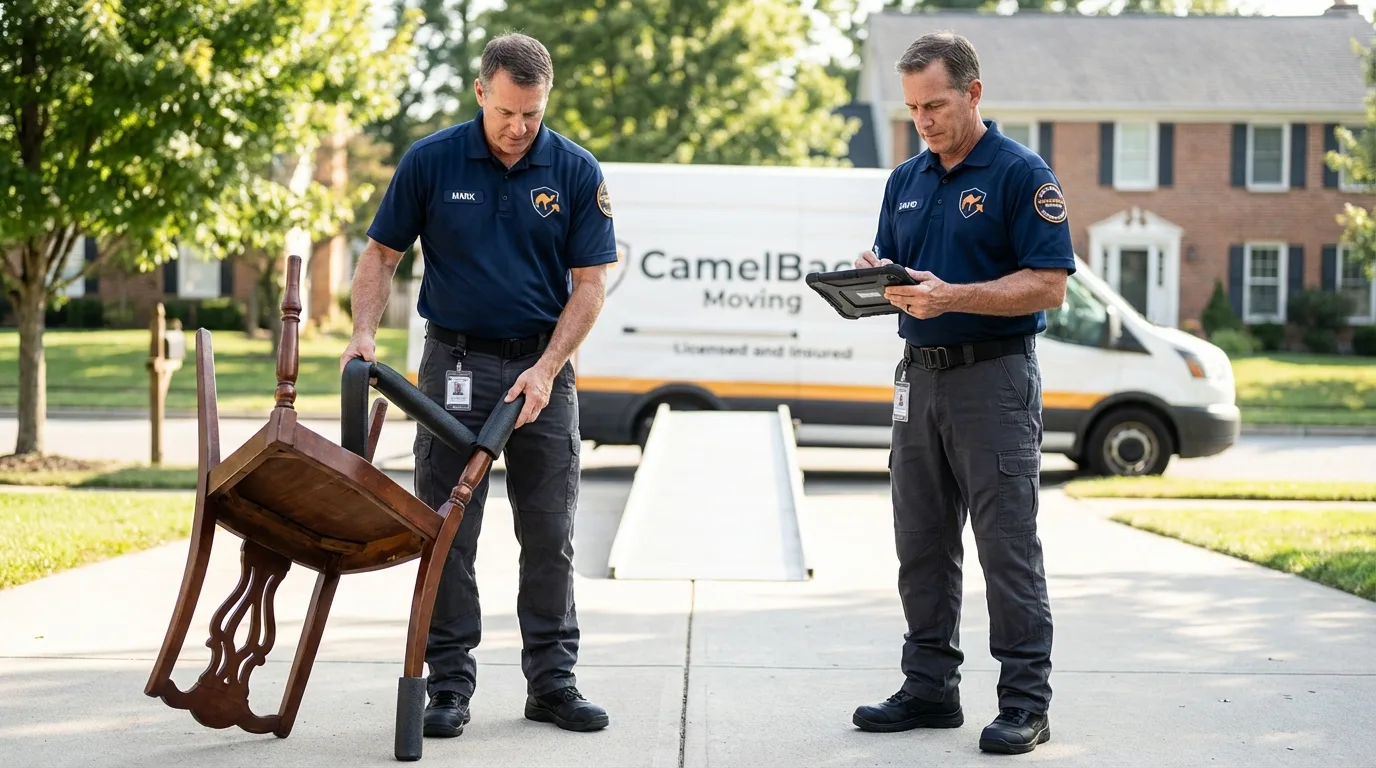 Movers inspecting furniture for damage prevention before loading in Dickinson, ND