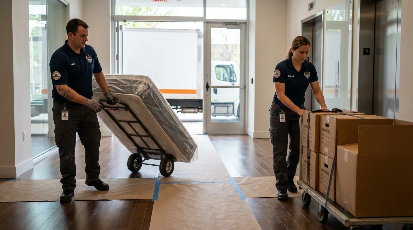 Professional apartment movers loading elevator in Dickinson, ND